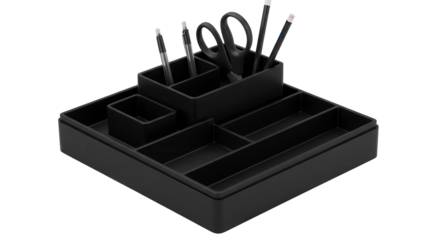 Black desk organizer with pens and scissors on white background  