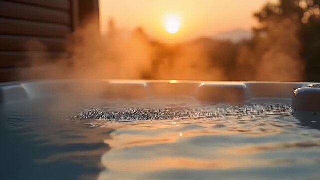 atmospheric shot steamy hot tub sun sets behind luxurious scene golden light dancing water creating dreamlike 4k visual perfect wellness resorts spa