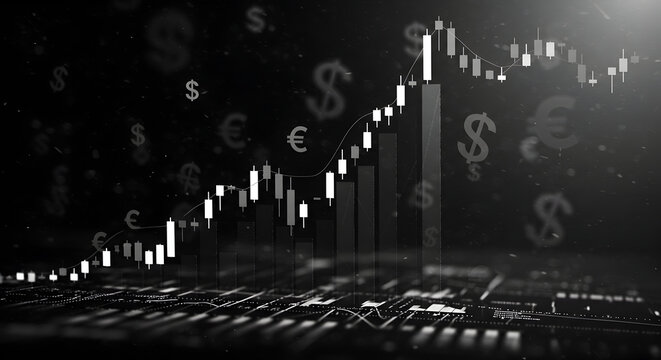 Financial Market Growth:  Candlestick Chart Illustrating Stock Market Upswing and Currency Fluctuation
