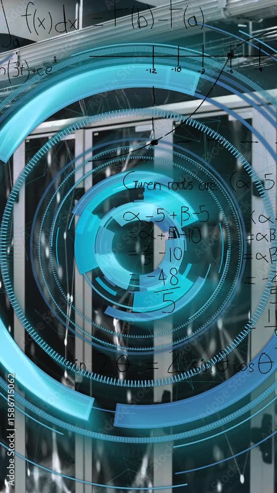 Poster animation of processing circle, connections and math formulas over servers