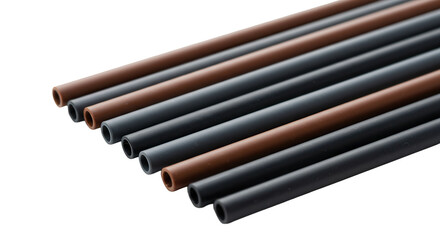 Set of reusable black and brown straws on white background  