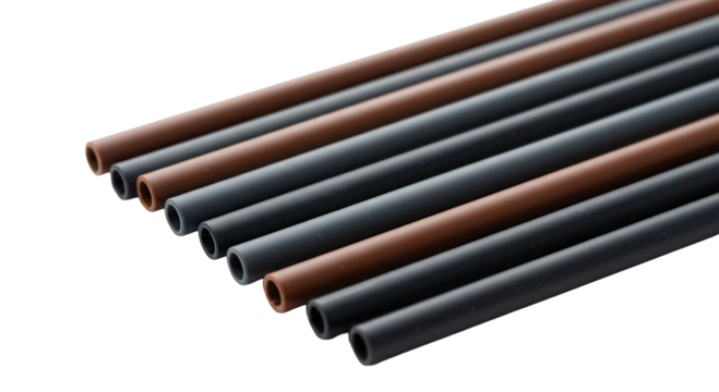 Set of reusable black and brown straws on white background  