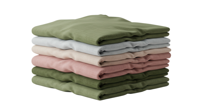 Stacked soft linen sheets in pastel colors on white background Concept of Transparent background png  