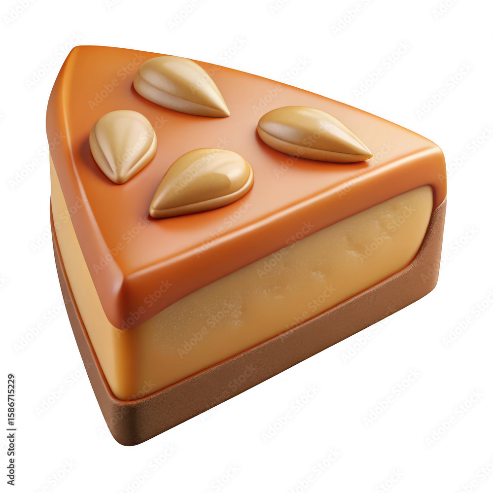 Poster 3d slice of caramel cake with almonds isolated on transparent background
