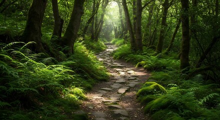 Obraz premium A sunlit stone path winds through a lush, green forest, inviting exploration.