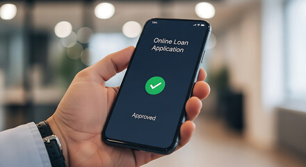 Man holding a smartphone displaying an approved online loan application with a green checkmark.