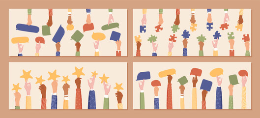Flat cartoon set of diverse hands holding colorful jigsaw pieces, cloud chat shapes, and stars. Symbol of teamwork, people, and community. Creative banner concept for together group projects.