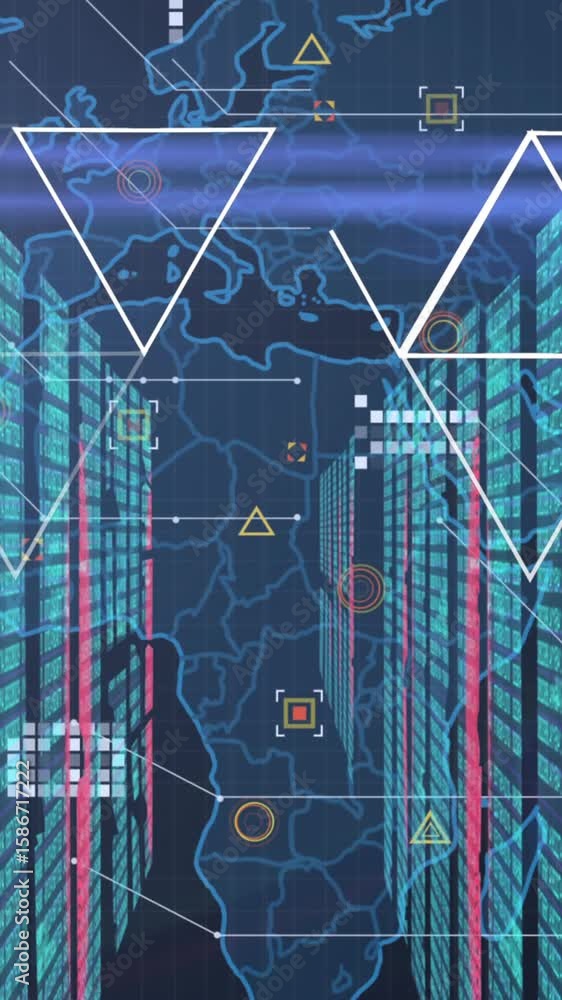 Poster animation of world map over screens with binary coding and biometric fingerprint scanner