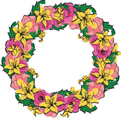 circle of pink and yellow flowers