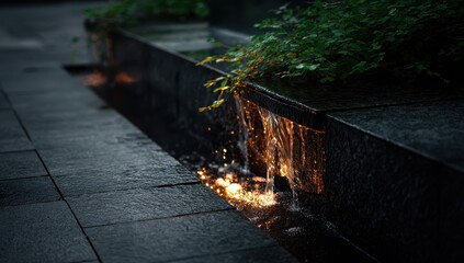 Water feature cascades down dark stone