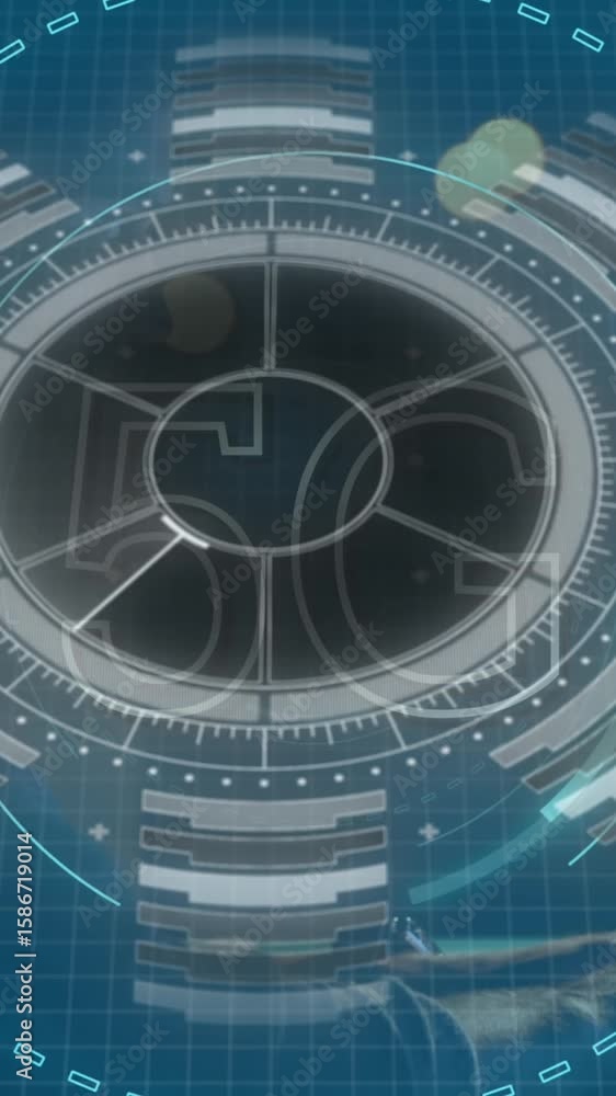 Poster animation depicts a man using a laptop with futuristic 5g network visuals.