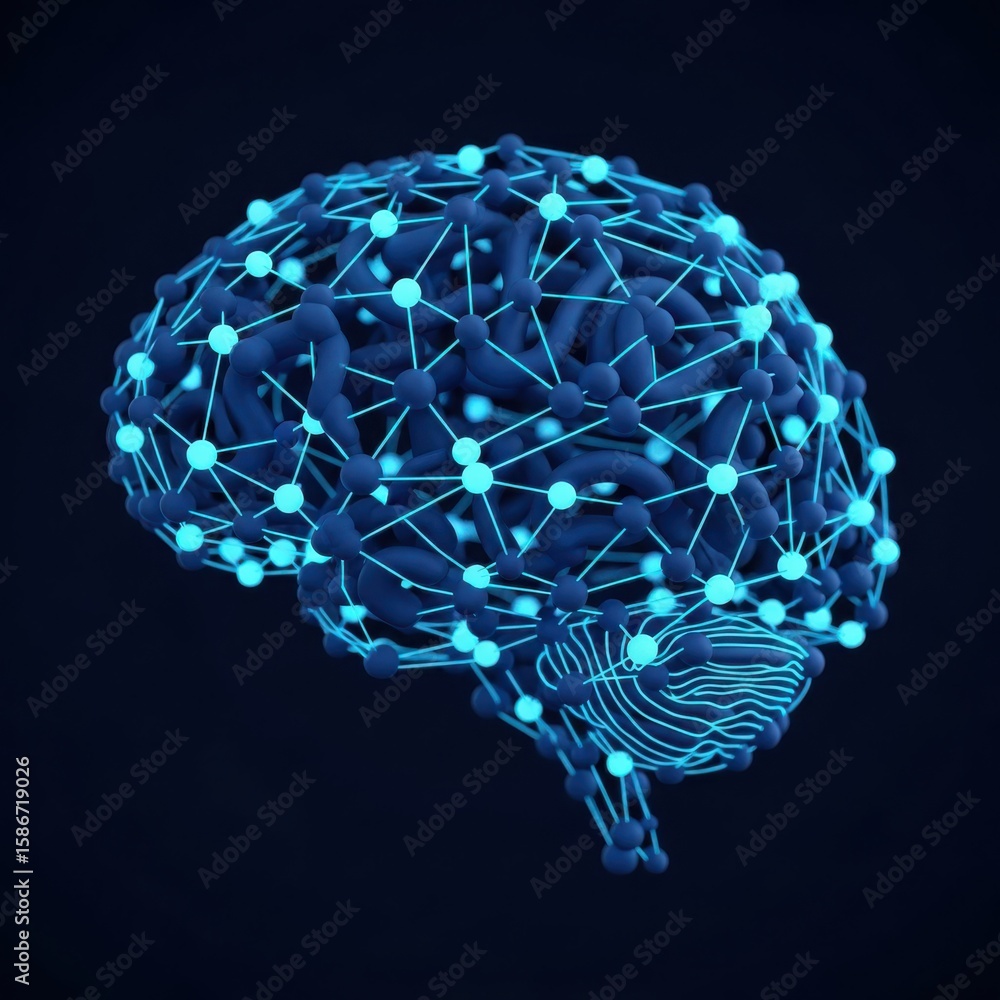 Aufkleber blue glowing network brain model with dark background 3 d render mind neural network