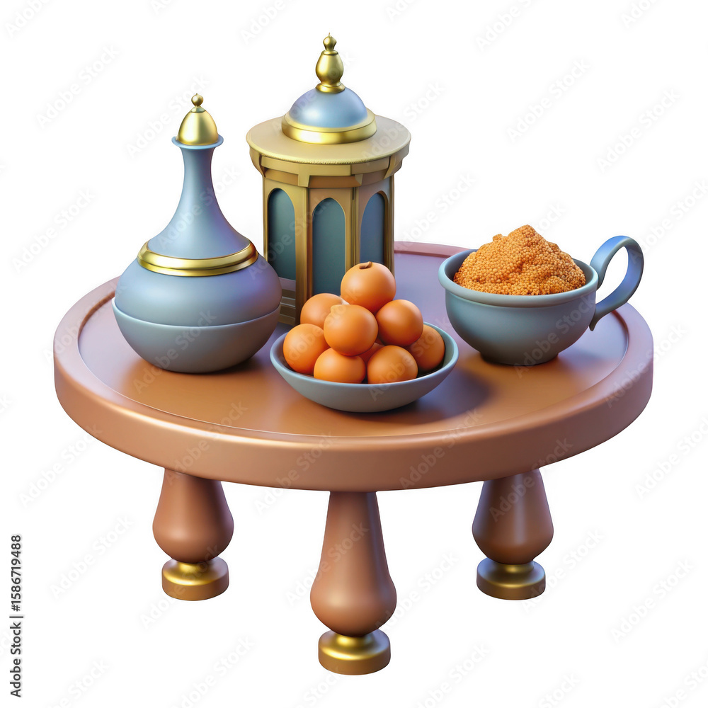 Aufkleber 3d islamic table setting with lantern and dates isolated on transparent background