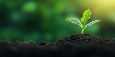 Young Plant Seedling Growing from Black Soil on Blurred Nature Background Banner