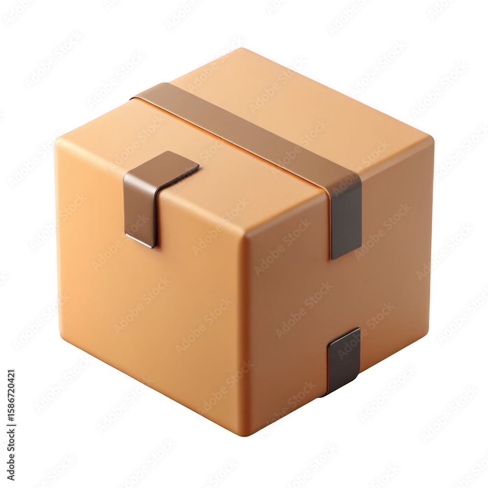 Poster 3d cardboard shipping box with tape isolated on transparent background