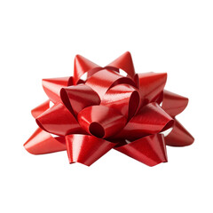 A shiny red gift bow with multiple loops and pointed ends. The bow is placed on a transparent background, emphasizing its vibrant color and glossy texture.