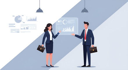 Obraz premium An illustration of two business professionals discussing in a modern office with digital data charts, representing teamwork and data analysis.