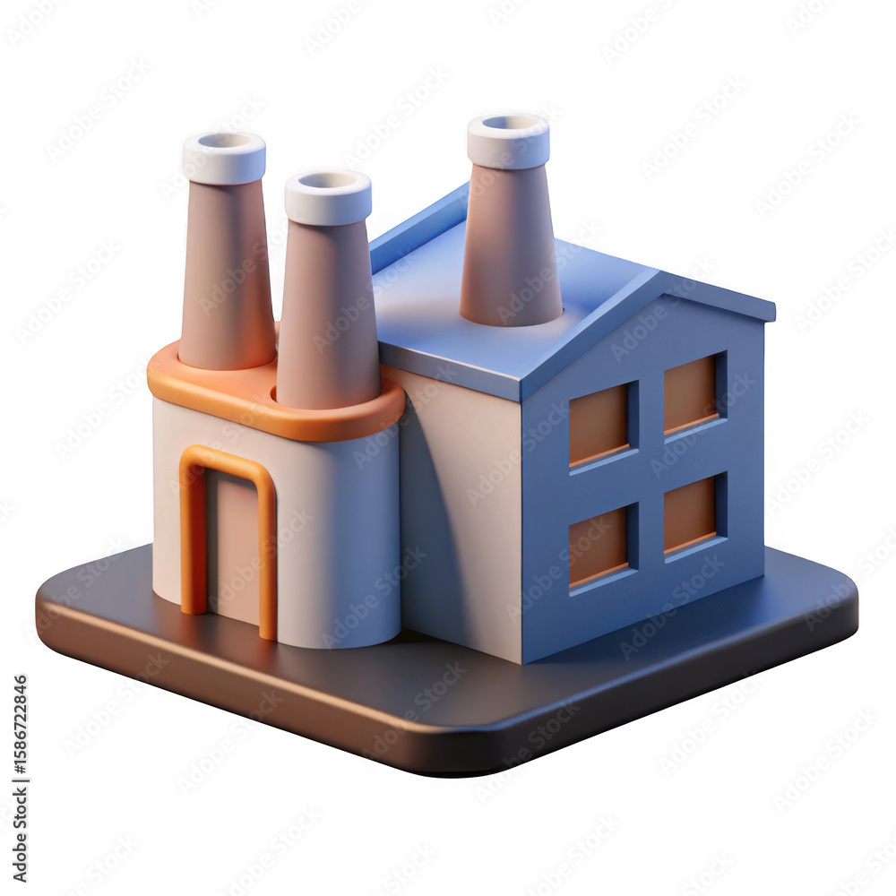Poster 3d stylized factory building with chimneys isolated on transparent background