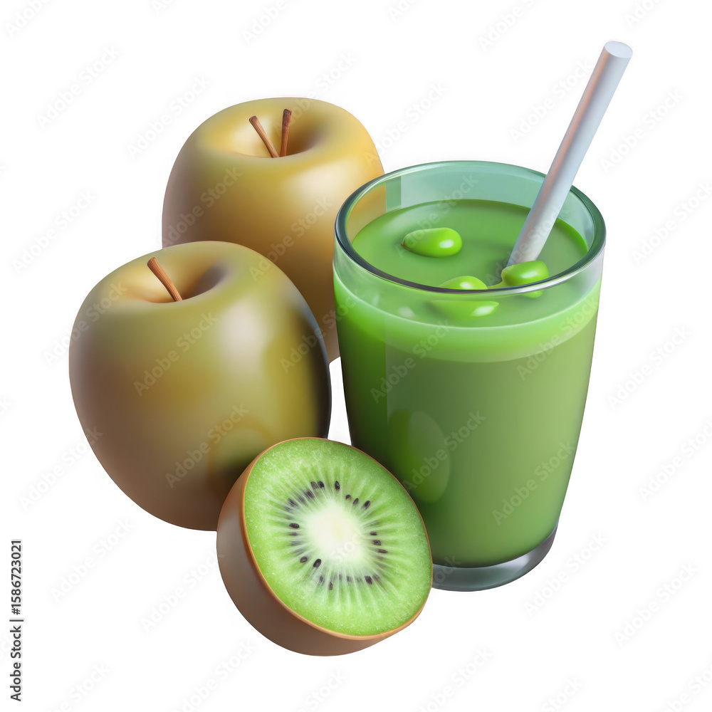 Poster 3d green juice with apples and kiwi isolated on transparent background
