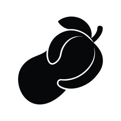 Stylized black silhouette of a mango with leaves on a white background