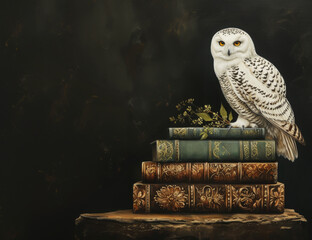 White Owl Sitting on Old Books Background with Copy Space
