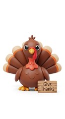 Cute 3 D cartoon turkey with a wooden sign saying Give Thanks Thanksgiving