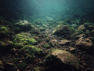 Underwater rock bed, mossy, light filtering down