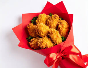 Delicious Fried Chicken Bouquet Wrapped in Red Paper with Ribbon Bow