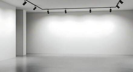 An empty, bright white room with track lighting on the ceiling, ready for an exhibition or display.