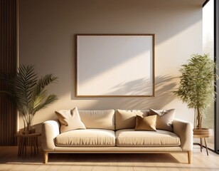 horizontal picture frame in modern living room interior with beige sofa wall with sunlight 3d render