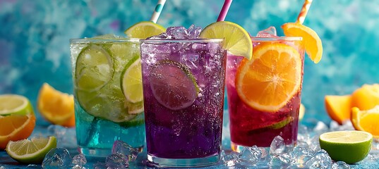 Refreshing tropical fruit cooler drinks with vibrant citrus slices and straws on a sunny day
