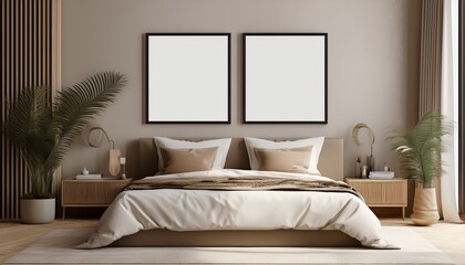 two blank picture frames mock up above bed in modern bedroom interior 3d render
