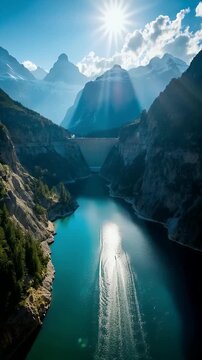 Sunlit Mountain Lake with Speedboat and Dramatic Peaks