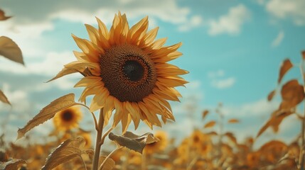 Vibrant sunflower blooming in a field against a bright blue sky with wispy clouds, bringing warmth to a late summer day.