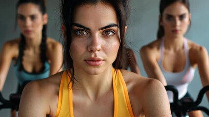 Fitness Women in Action: Capturing a group of dedicated women engaging in an intense spinning session, exuding determination and health, showcasing the power of fitness.