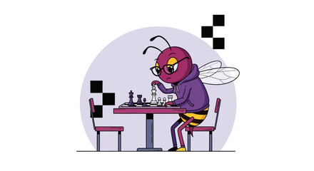 Obraz premium A Bee Plays Chess With Concentration While Wearing A Hoodie And Glasses