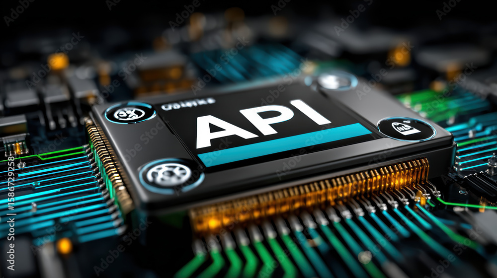 Poster close-up of circuit board with api chip and microprocessors