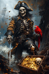 Skeleton pirate holding a sword and parrot with treasure chest on stormy sea adventure