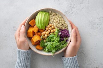 A person's hands arranging a vibrant and healthy Buddha bowl. This top-down shot connects nutritious food with mood, energy, and overall mental well-being