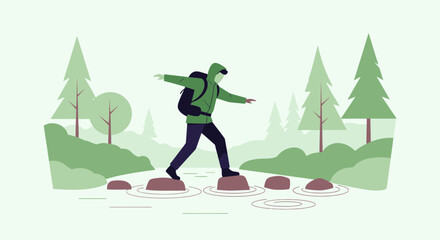 Adventurer Crosses A Stream On Stepping Stones In A Forest Landscape Illustration