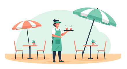 Cheerful Waitress Serving Drinks At Outdoor Cafe Under Bright Parasols