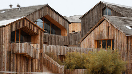 closeup view of modern wooden building facades showcasing intricate textures and craftsmanship