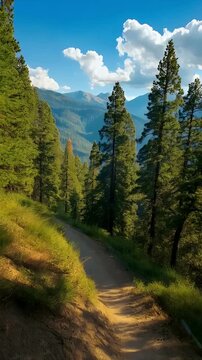 Mountain Trail Through Lush Forest on Sunny Day
