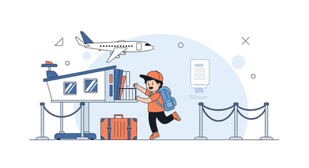 Happy Boy Going On Summer Vacation At The Airport Terminal