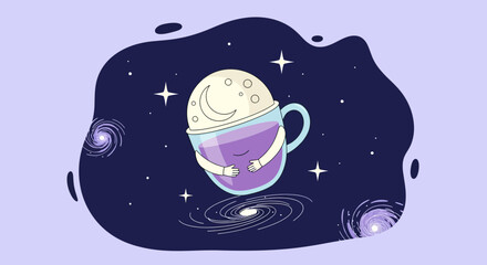 Cute Moon Hugging Cup In Cosmos Illustration With Galaxies And Stars Design