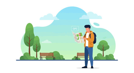 Exploring The City Park Man Using City Map For Direction And Navigation