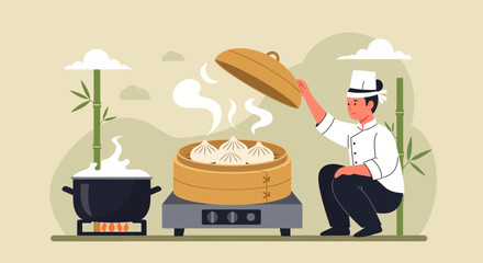 Chef Prepares Steamed Dumplings In Traditional Bamboo Steamer With A Pot On The Fire