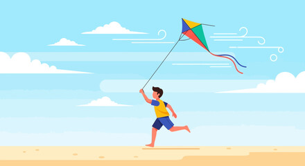 Boy Enjoys Flying Kite Outdoors on Beach During Summer Vacation Time