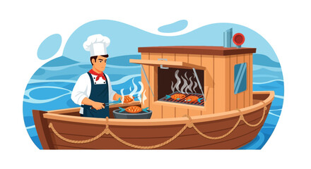 Chef Preparing Delicious Dishes On A Boat In The Middle Of The Ocean