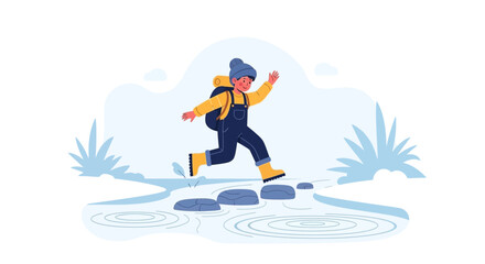 Adventuresome Boy Crossing Stream Stepping Stones Outdoor Expedition Lifestyle Concept